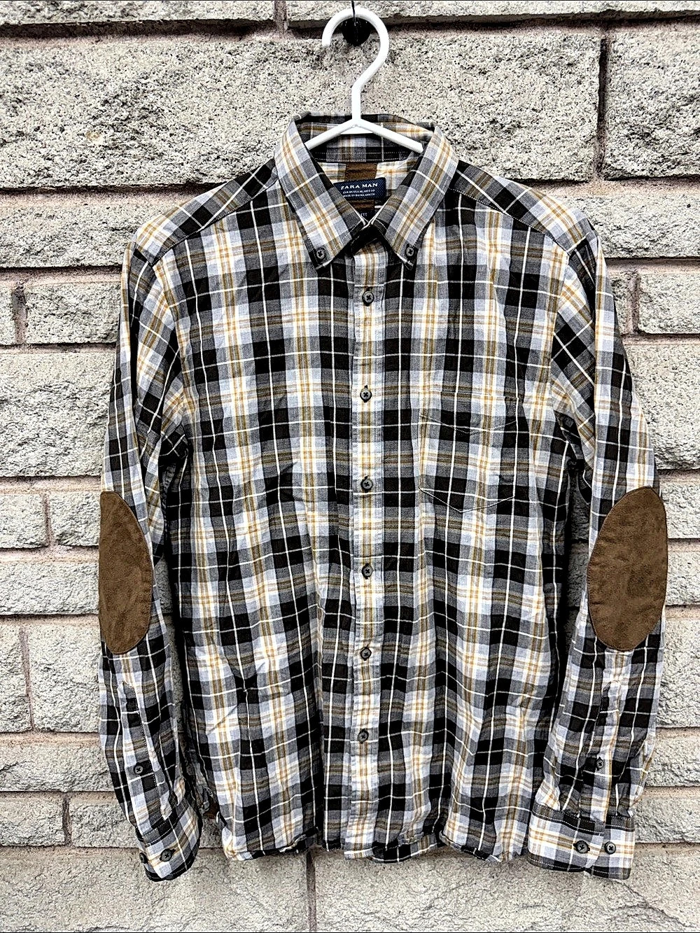 Zara Man Men’s M Slim Fit Plaid Cotton Shirt Brown Elbow Patches